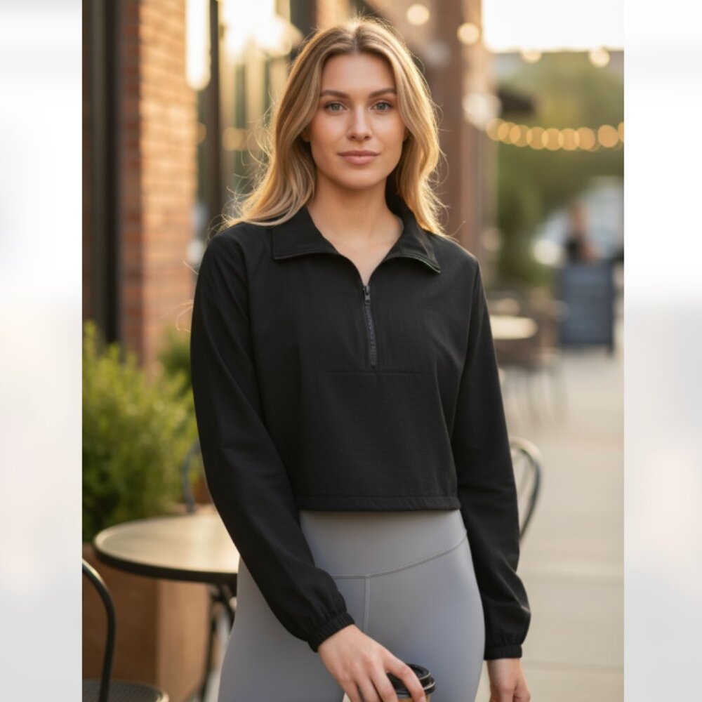 NWT  WEWOREWHAT ​Cropped Knit Quarter Zip Pullover Black Medium